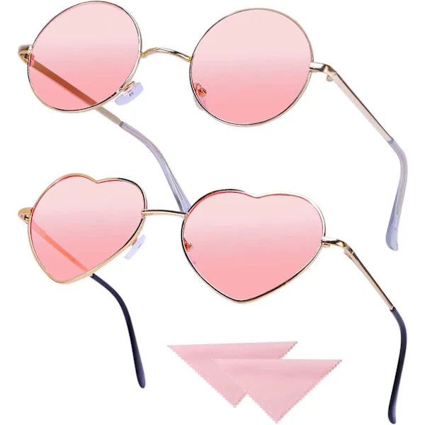 2-pack Heilwiy Hippie-glasögon Retro Runda Glasögon Hjärtformade Glasögon Set För 60-tal 70-tal Fancy Present