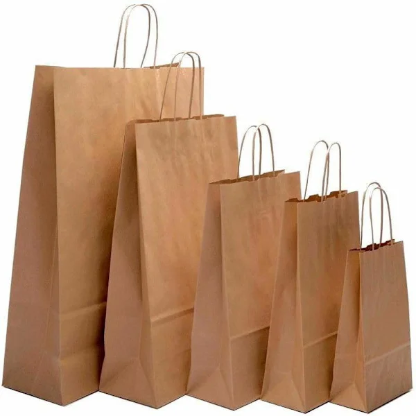 50 X mellemstore papirsposer med håndtag Brun farve SOS Takeaway Runde håndtag Genanvendelige papirsposer (50 x Brun (M) 21 x 14 x 27 cm)