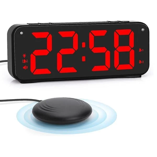 Vekkerklokke med høy lyd for de som sover tungt, dobbel vekkerklokke med sengevibrator, for soverom, 6,5 tommer stor skjerm med dimmer