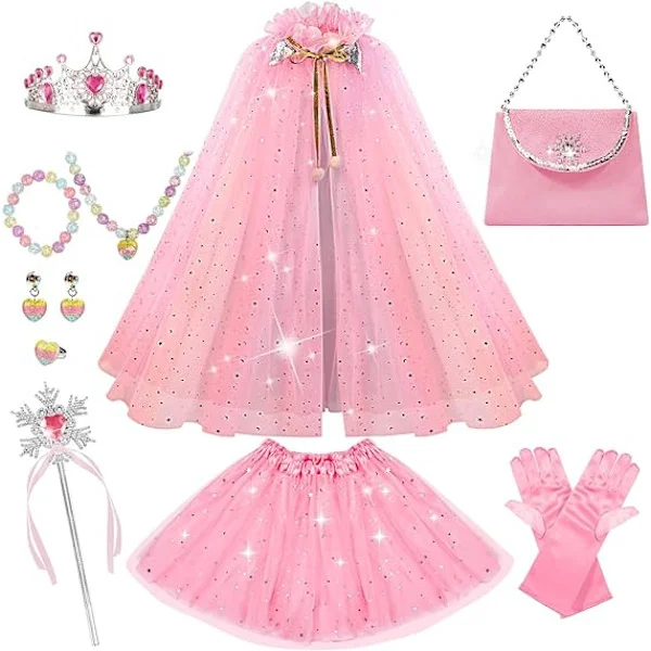 Prinsessekjole til lille pige, 11-delt prinsessekjole med krone, prinsessekjoler til piger 3-8 år fødselsdagsgave (Pink)