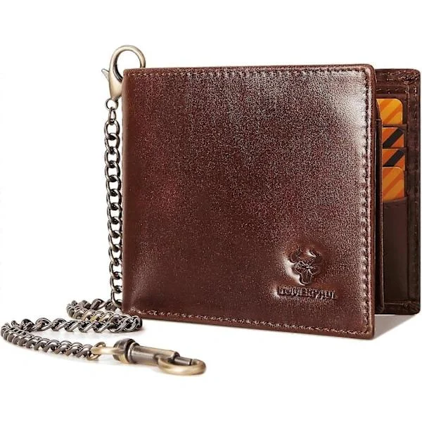 Men's Wallet with Chain Genuine Leather Wallet RFID Blocking Bifold Wallet with ID Window Card Slots, Brown