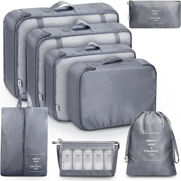 8-pack Organizer Set för Resväskor, Förvaringsväskor, Packkuber, Resväskor, Presenter Grå