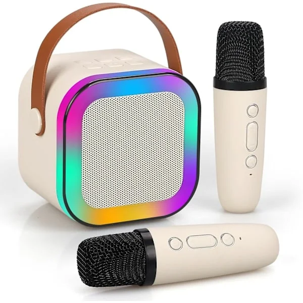 Mini Karaoke Maskin for Barn og Voksne, Bærbar Bluetooth Karaoke Høyttaler med 2 Trådløse Mikrofoner, Perfekt Gave til Jenters Bursdagsfest