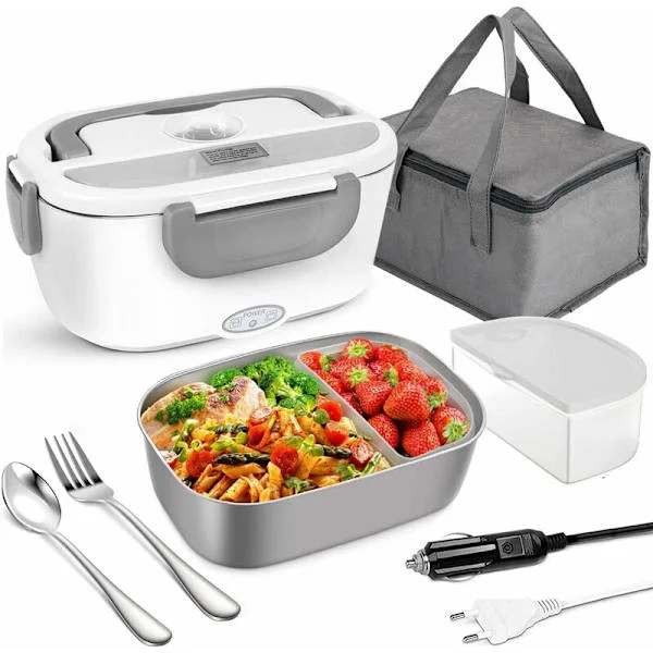 Elektrisk 3-i-1 Lunchlåda 1,5L Värmelåda 12V 24V 220V 60W med Isoterm Väska Rostfritt Stål Mat och Bestick för Bil Lastbil