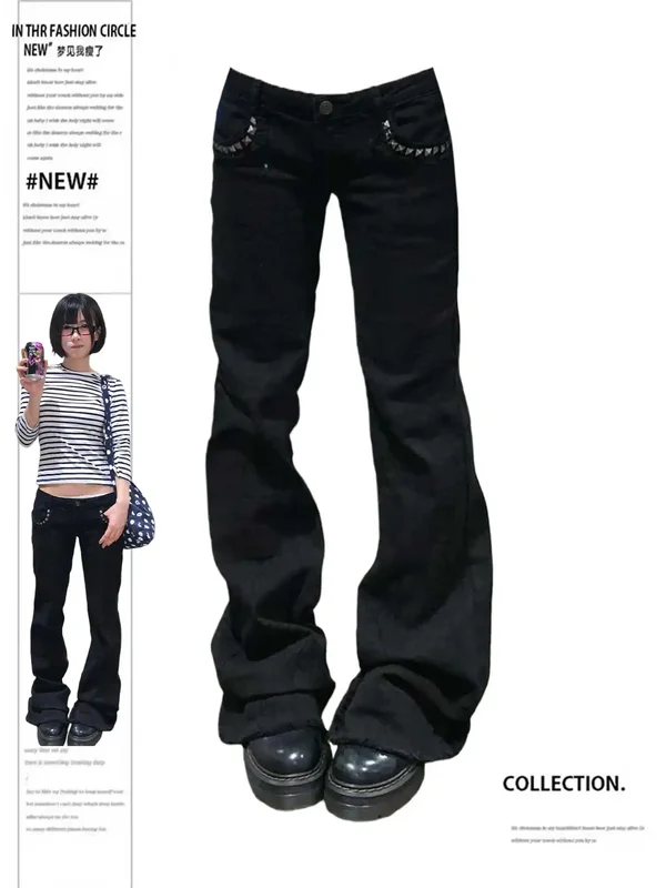 AliExpress - Damen Low Rise Jeans Schwarz Flared Denim Hosen Gyaru American Retro Korean Cyber Punk Trompete Jeans Y2k Skinny Bell Bottom Neu