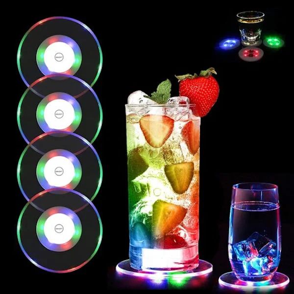 Glasunderlägg - 4-pack Färgglada LED-glasunderlägg - 3 ljuslägen - Självlysande underlägg - Vattentäta underlägg - LED-underlägg för flaskor, fester, 