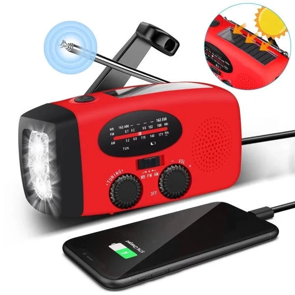 Påskerbjudanden! Högkvalitativ Vevradio med Solceller, Ficklampa och 2000mAh Powerbank SOS Nödsituation - Röd röd 300