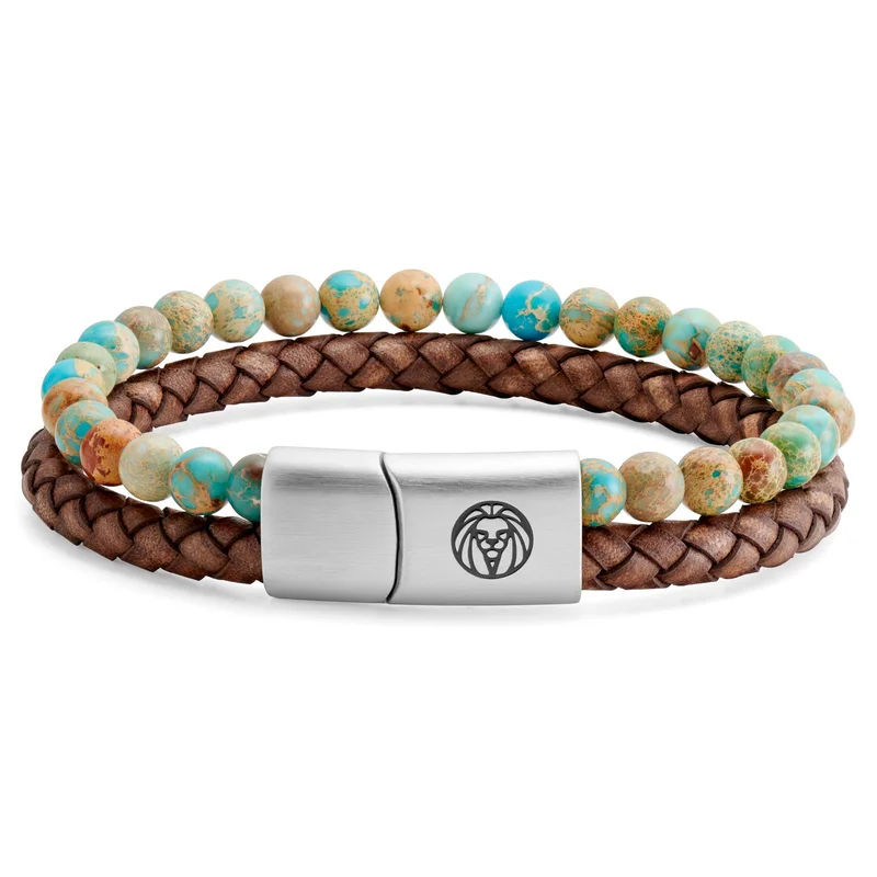 Icon | Armband van Turquoise Keizer Jaspis en Vintage Leer voor mannen - Kralenarmbanden