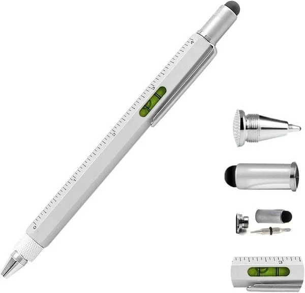 6-i-1 Tech-verktøypenn, berøringsskjerm-stylus/flat-skrutrekker og vater multifunksjonsverktøy (hvit)
