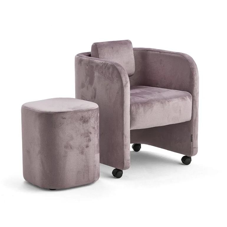 Furniture set COMFY, armchair + stool, with wheels, velvet, light purple