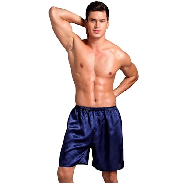 Mænds Satin Boxer Shorts Silke Pyjamas Bukser Lounge Sovshorts Blå