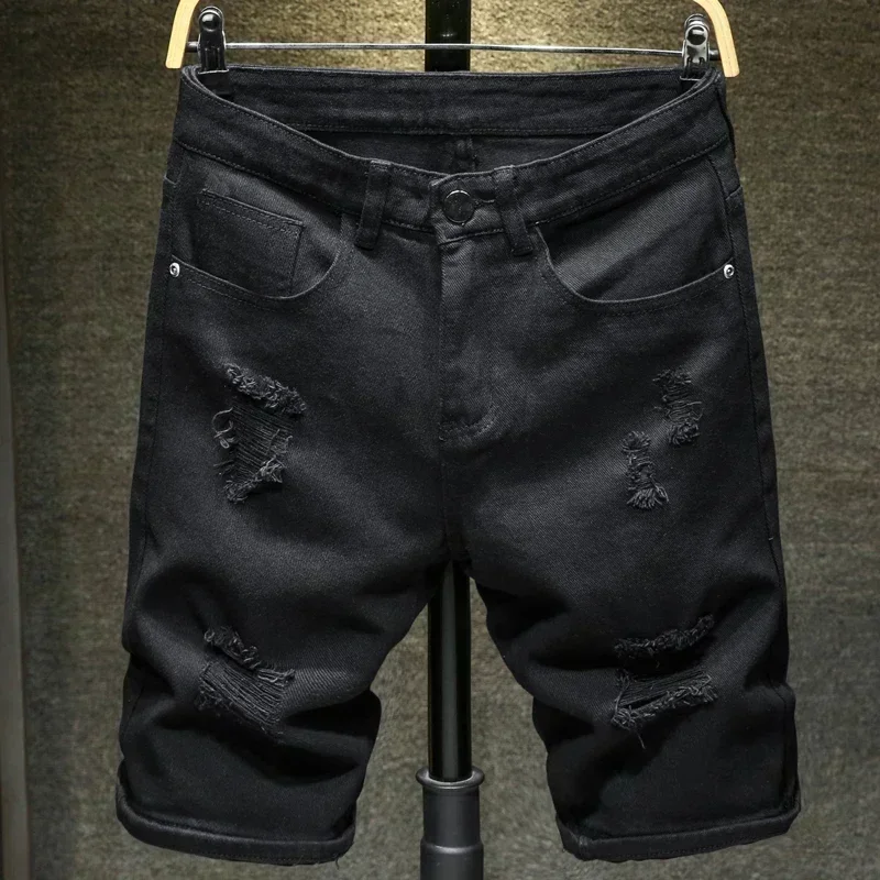 AliExpress - 2024 neue Sommer männer Casual Mode Gerade Denim Shorts Einfache Ripped Streetwear Slim Fit Denim Shorts Männlich Schwarz Weiß