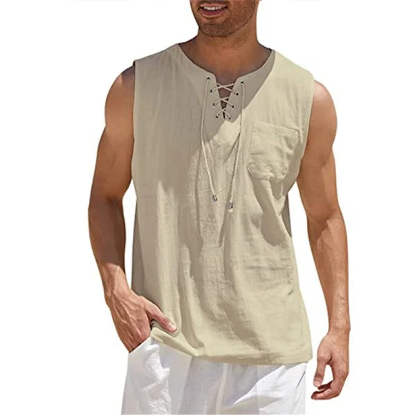 Men's Cotton Linen Tank Top, Casual Sleeveless Lace-up Tank Tops yellow