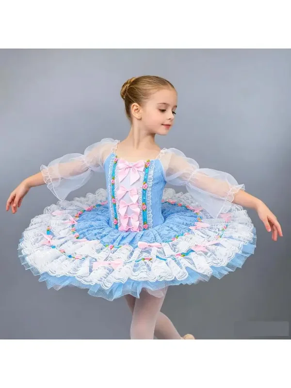 AliExpress - Mädchen Blaues Spitzen-Langarm-Ballett-Tutu-Kleid Kinder Rosa Schleife Blumen-Ballerina-Kostüm Kinder Bühnenauftritt Partykleid