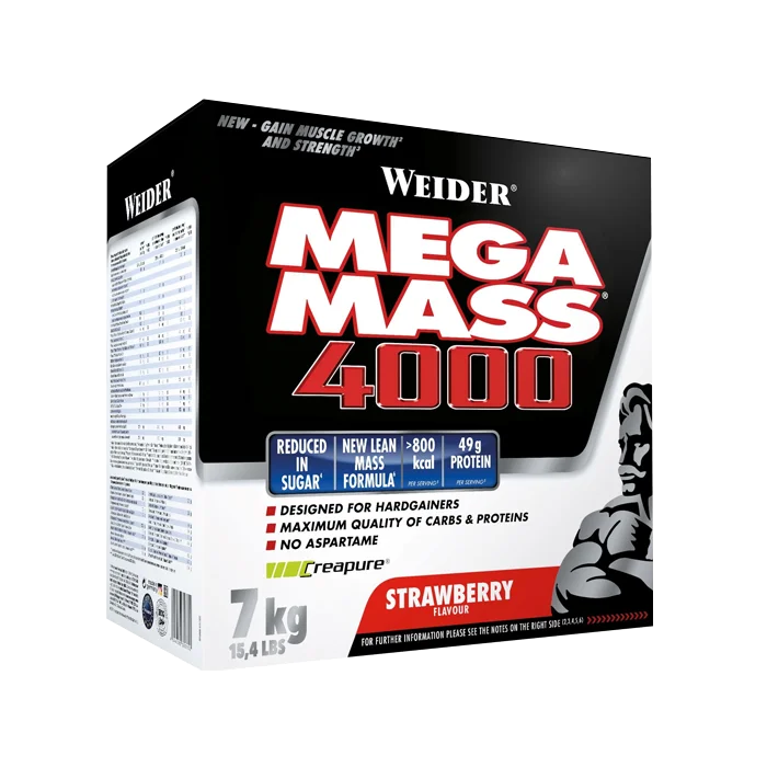 Weight gainer Weider Mega Mass 4000 Gainer 7 kg, Jordgubb - Bodyman.dk