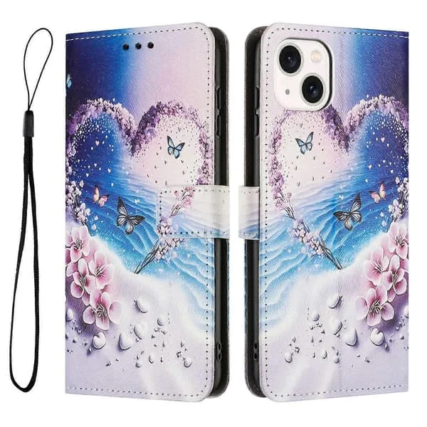 YX-2501 Plånboksfodral för iPhone 15 Plus/ 14 Plus Mönstertryck PU Läder Telefonskal med Snodd