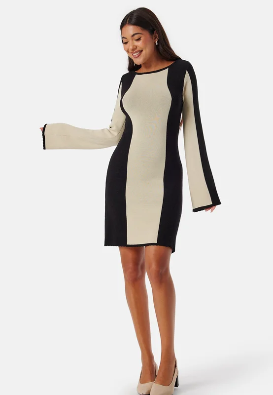 BUBBLEROOM-Long Sleeve Knitted Dress-Cream/Black-S