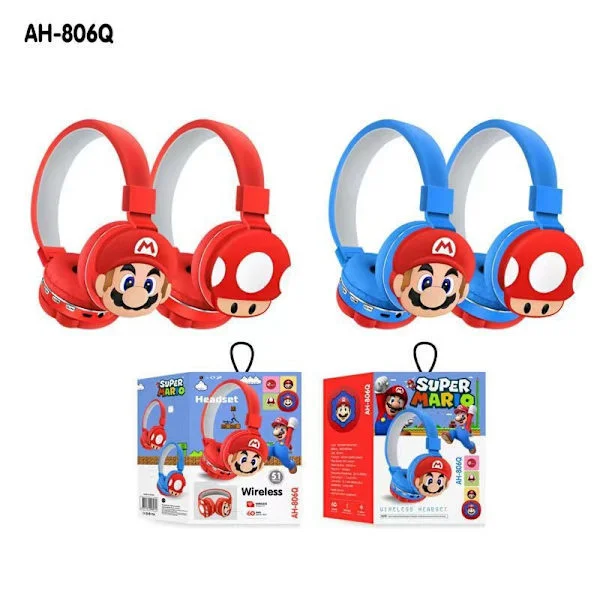 Super Mario Bluetooth-hörlurar - Trådlösa Over-Ear Barnhörlurar med TF-kortplats, Söta Mario- och Svampöronkåpor Röda