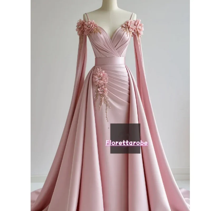 AliExpress - Rosa Abendkleid von Florettarobe, lang, schulterfrei, volle Ärmel, Abendkleid, Applikationen, 3D-Blumen, drapiertes Partykleid, 