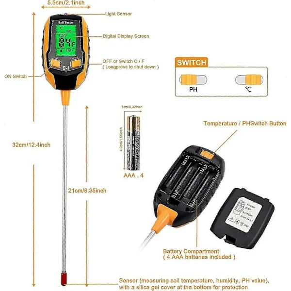 LEEWENYAN Jord pH-måler, 4 i 1 Digital Jord pH-tester, Jordfuktighet-Lys-pH-Temperaturtester, Hagepleieverktøysett