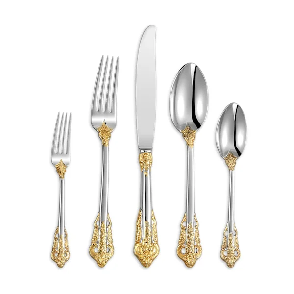 Elegant bestik, bestiksæt 5 dele, 18/10 rustfrit stål poleret, blankt, fint sølvbestik, sølvbelagt med guldaccenter guld
