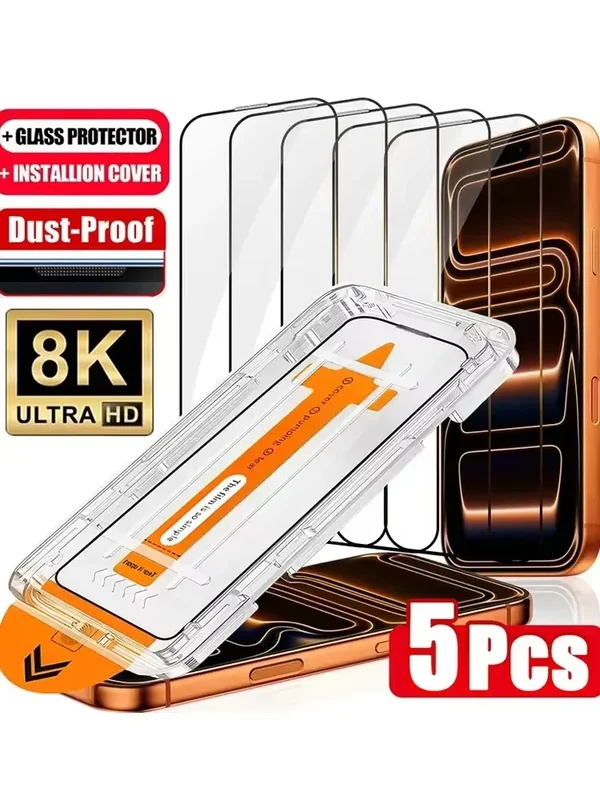 AliExpress - 1-5 Stück Ultra HD Staubfreier Displayschutz für iPhone 17 16 15 13 11 12 14 Pro Max 16e 7 8 Plus SE 17 Air Glas Einfache Installation 
