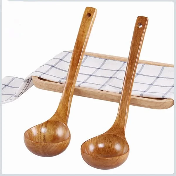 2 Natural Wood Long Handle Rice Soup Spoons Large Ladle, ZQKLA