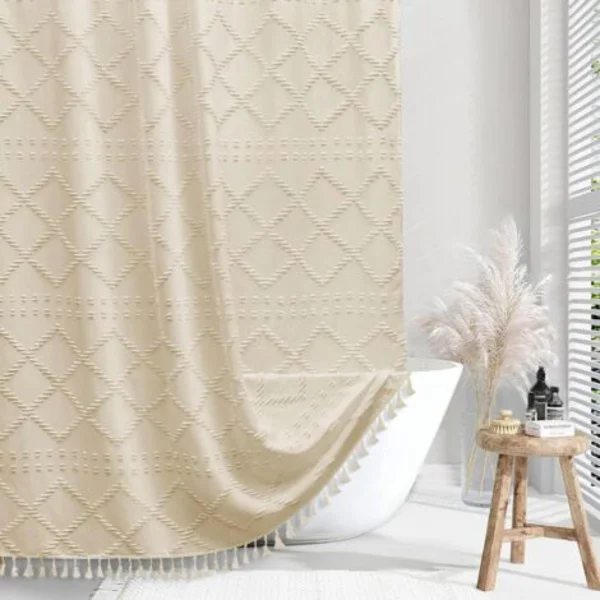 Extra lång duschdraperi i rustik-bohemisk stil – Modernt och minimalistiskt vävt randigt tyg för badrum – 183 x 213 cm – Kräm/beige – 183 x 213 cm