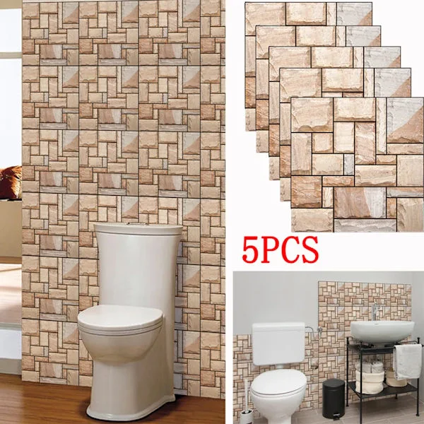 5x 3D Self-Adhesive Tile Stickers Wall Stickers Wall Tile Stickers Bathroom Kitchen Tiles (Beige)