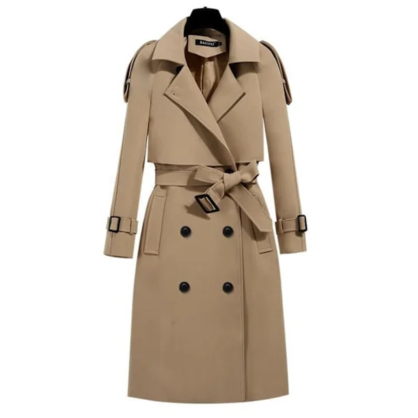 [LCS] Klassisk trenchcoat for kvinner, mellomlang, mote, vindtett jakke for høst, vår og hverdagsbruk Khaki