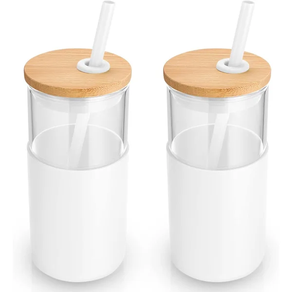 16 oz lasinen juomalasi pillillä ja bambukannella, jääkahvimuki uudelleenkäytettävä, smoothie-mukit, juomalasi silikonisuojaholkilla - valkoinen