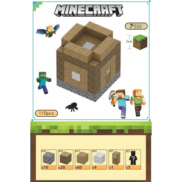 Minecraft Byggeklodser, Magnetiske Byggeklodser Legetøj - Huse (3) 110 klodser, 3 figurer
