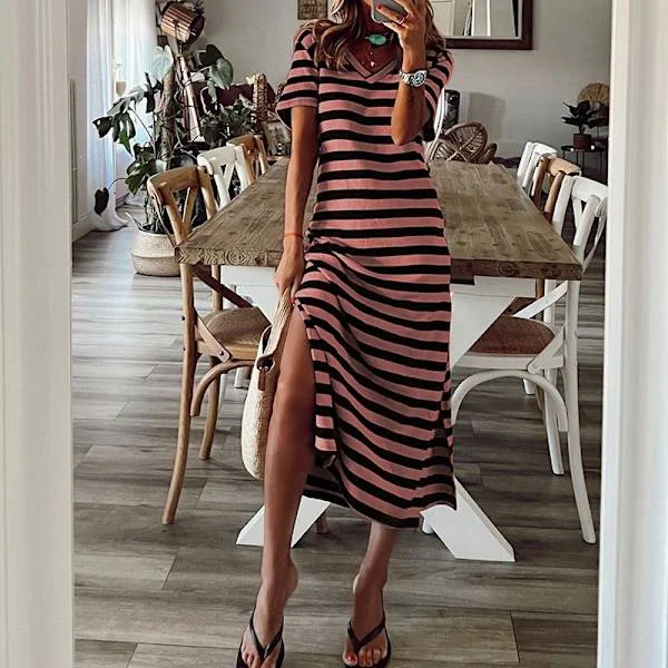 Summer Dress Casual Women's Fashion Short Sleeve Maxi Dress T-Shirt Dress Striped Long Color Block Maxi Dress