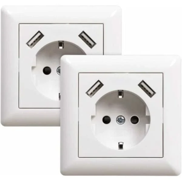 Veggkontakt med USB-porter, innfelt stikkontakt dobbel lader, System 55 hvit blank elektrisk veggplate
