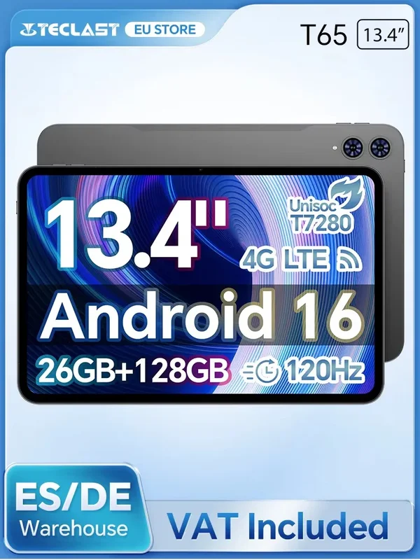 AliExpress - Teclast T65 Android 16 Tablet 13,4 Zoll 120Hz Display T7280 8-Kern 26GB RAM (6GB+20GB Erweiterung) 128GB ROM 4G LTE GPS 8000mAh Typ-C