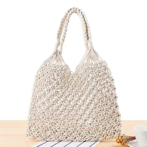 Beach Bags Travel Beach Fishing Net Tote Bags Shopping Woven Shoulder Bags Women, White