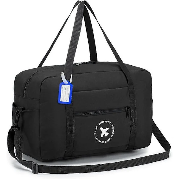 Kabinveske 40x20x25 Reisebag 1-pakning Sammenleggbar Under sete Vanntett Weekendbag Lett håndbagasje med skulderrem, Svart