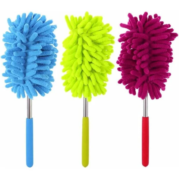 Telescopic Feather Duster - Extendable 3-Section Stainless Steel Extendable Duster Telescopic Microfiber and Chenille Duster Brush