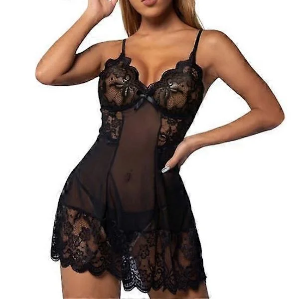 Dame Nattkjole Trendy V-hals Gjennomsiktig Dame Nattkjorte Blomsterbroderi Dame Nattkjorte Nattkjole for Søvn svart XL