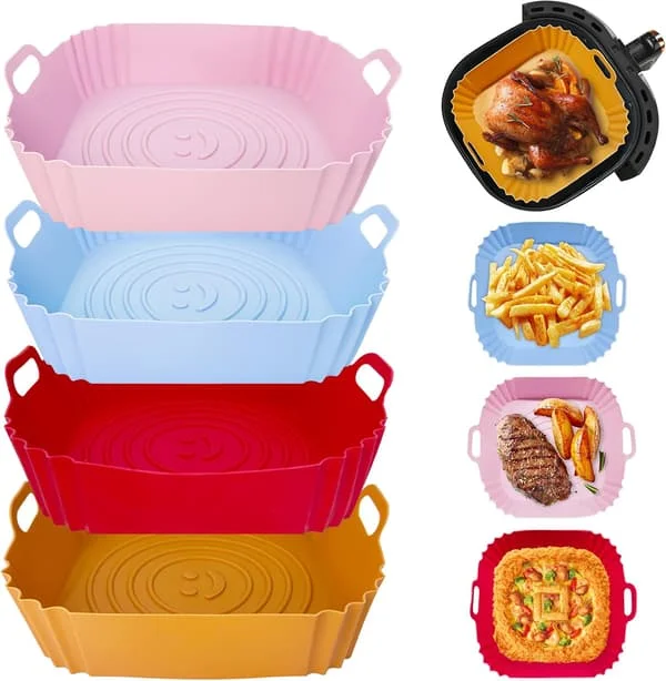 4-delars silikonform för airfryer, 22 cm airfryer-tillbehör, silikon airfryer-tillbehör, grytfoder, återanvändbar airfryer-korg, bakform ac