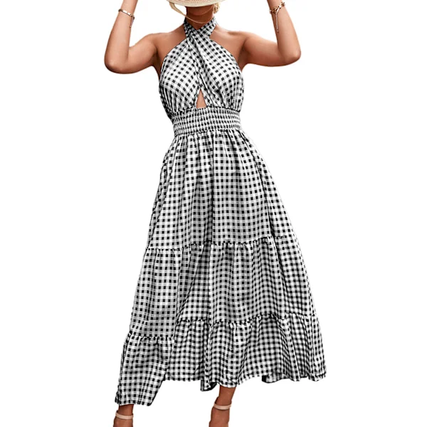 【NX】Kvinnor Sommarklänning Backless Crossover Halter Neck Ärmlös Maxi Dress for Daily Wear Black Pläd XL