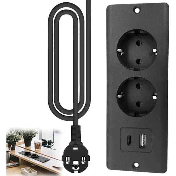 Infällt bordsuttag med 1 USB och 1 Type-C-port PD20W, infällbar 1,5 m kabel, svart - Kompatibel med möbler och arbetsbänkar