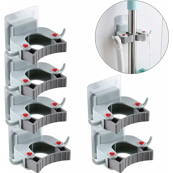 Selvklebende holder for mopper og koster, veggmontert mopp- og kostholder for skap, hage, garasje, oppbevaring, 6 deler