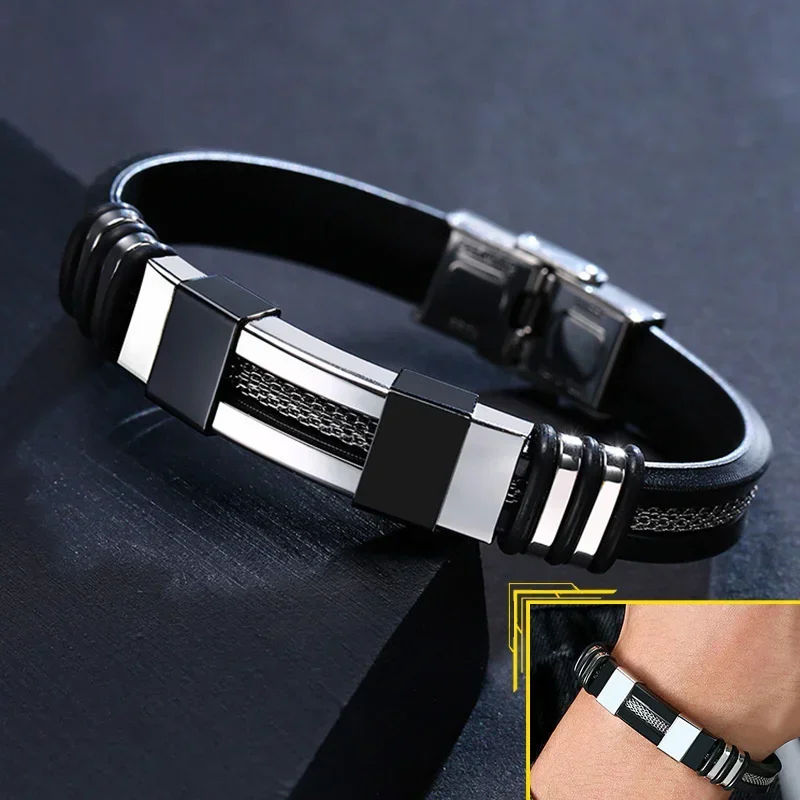 AliExpress - Vnox roestvrijstalen armband herenpolsband zwart gegroefd roer siliconen mesh link-inzet punk polsbandje stijlvolle casual armband