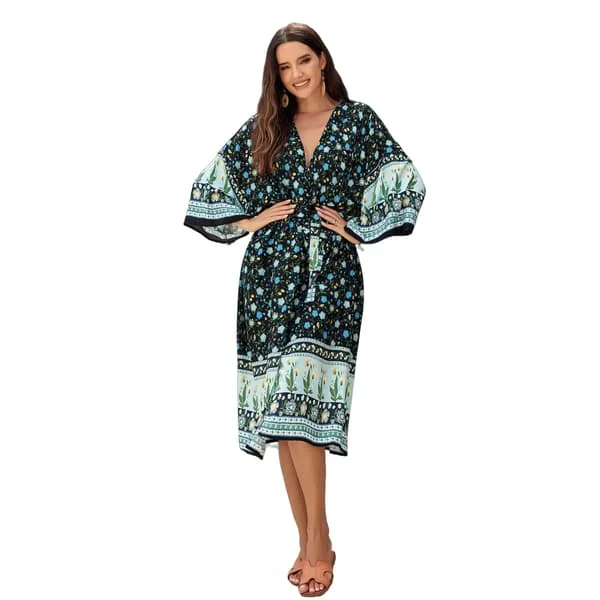 Dam Kimono Cardigans med Öppen Front Bohemisk Blommig Lös Sommartopp med Bälte
