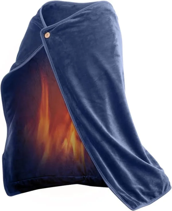 100x70cm Sladdlös USB-värmefilt Sjal med knappar, Mjuk Sherpa Berber Fleece Bärbar Batteridriven Elektrisk Värmefilt (Blå(Ho)