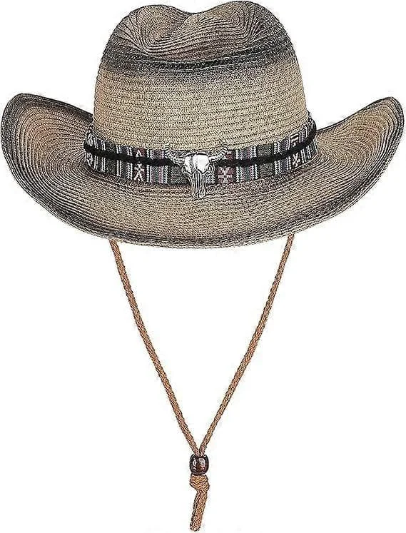 Unisex Cowboyhatt i Strå med Hakestropp Bred Skygge Sommer Strand Reise Solhatt Sammenleggbar Fedora Hatt i Strå