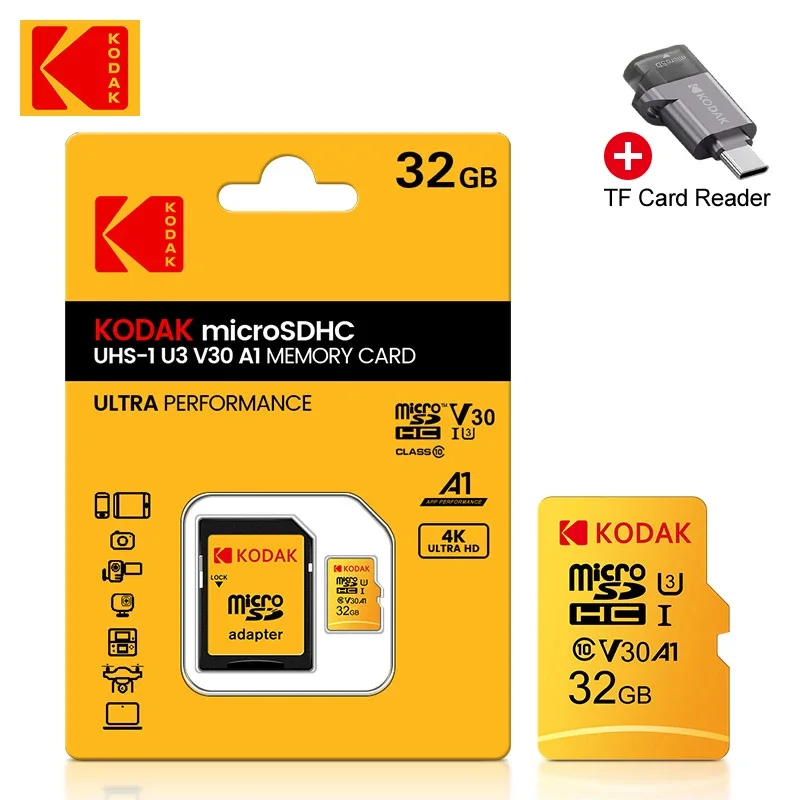 AliExpress - Carte Micro SD Kodak 100% originale 32 Go 64 Go 128 Go 256 Go V30 U3 4K haute vitesse pour caméra embarquée, caméra de voiture, 