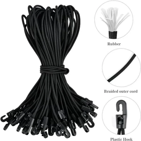 50 st Gummistroppar med Krokar - 25cm Multifunktionella Stroppar med Krok för Campingpresenningar, Släpvagnspresenningar, Poolskydd (Svart)