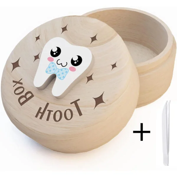 Tandask av trä för baby, första tand, minnesask med liten pincett, babyshower-present för pojkar och flickor